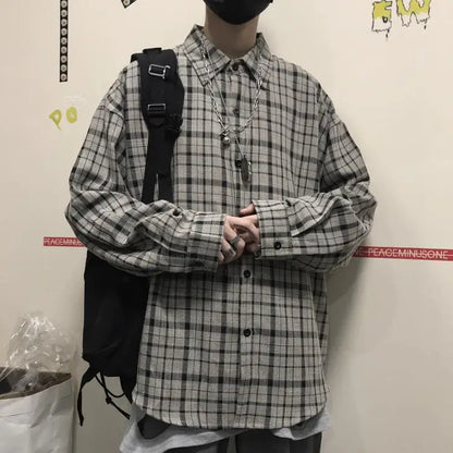 HIP HOP Korean ins versatile Plaid loose oversize long sleeve shirt for men and camisa masculina gray shirts