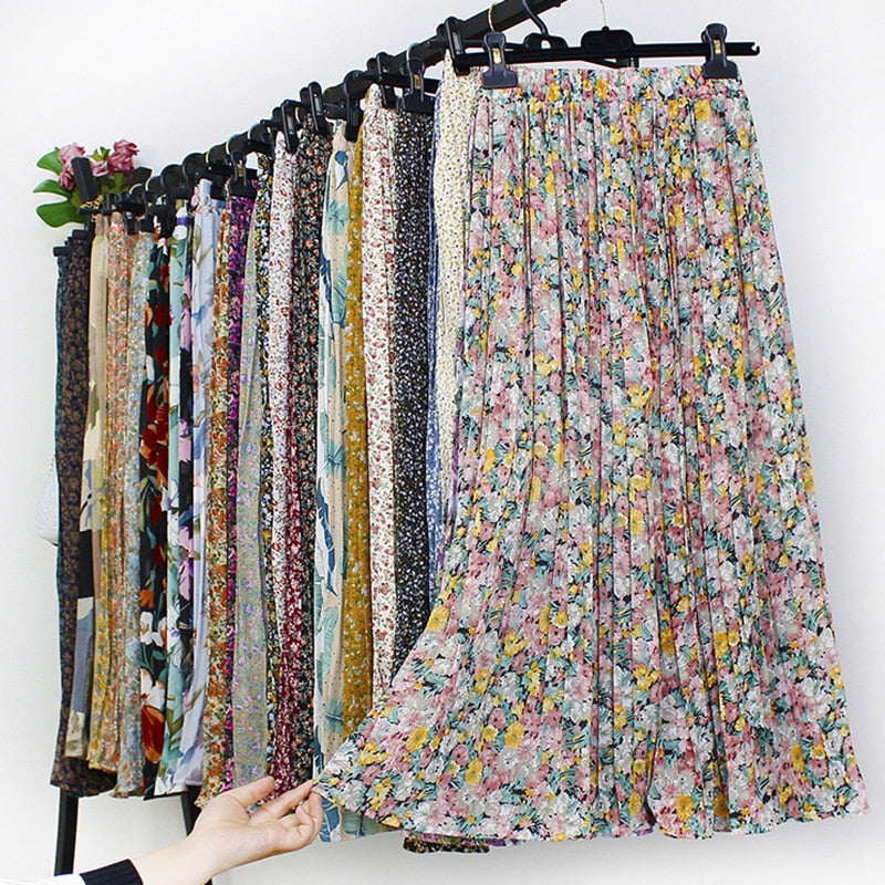 jinran Women Summer Boho Chiffon Long Skirt Elegant Floral Print Pleated Skirts Elastic High Waist Casual Midi Skirt Women Clothes 2021