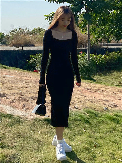 jinran Women Long Sleeve Dress Mid-calf Length Square Collar Black Sheath Retro Slim Sexy Vintage Side Slit Stretchy All-match Simple