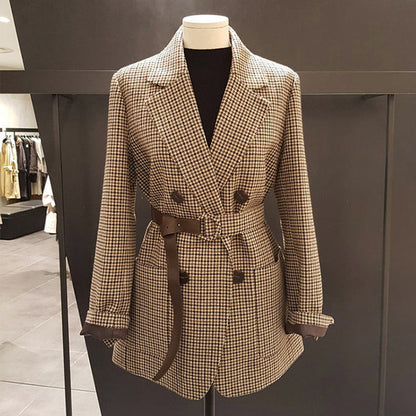 jinran Vintage Houndstooth Jacket Blazer Women Plaid Lady Suit Jacket with Belt Long Sleeve Female Tailored Coat Street Wear New