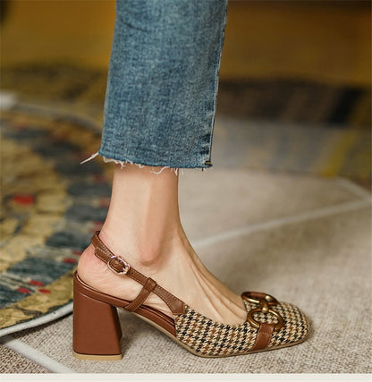 jinran Fashion Metal Buckle Women Sandals New Spring Square Toe Retro Plaid Fabric Woman Pumps Thick Heels Back Strap Lady Office Shoes