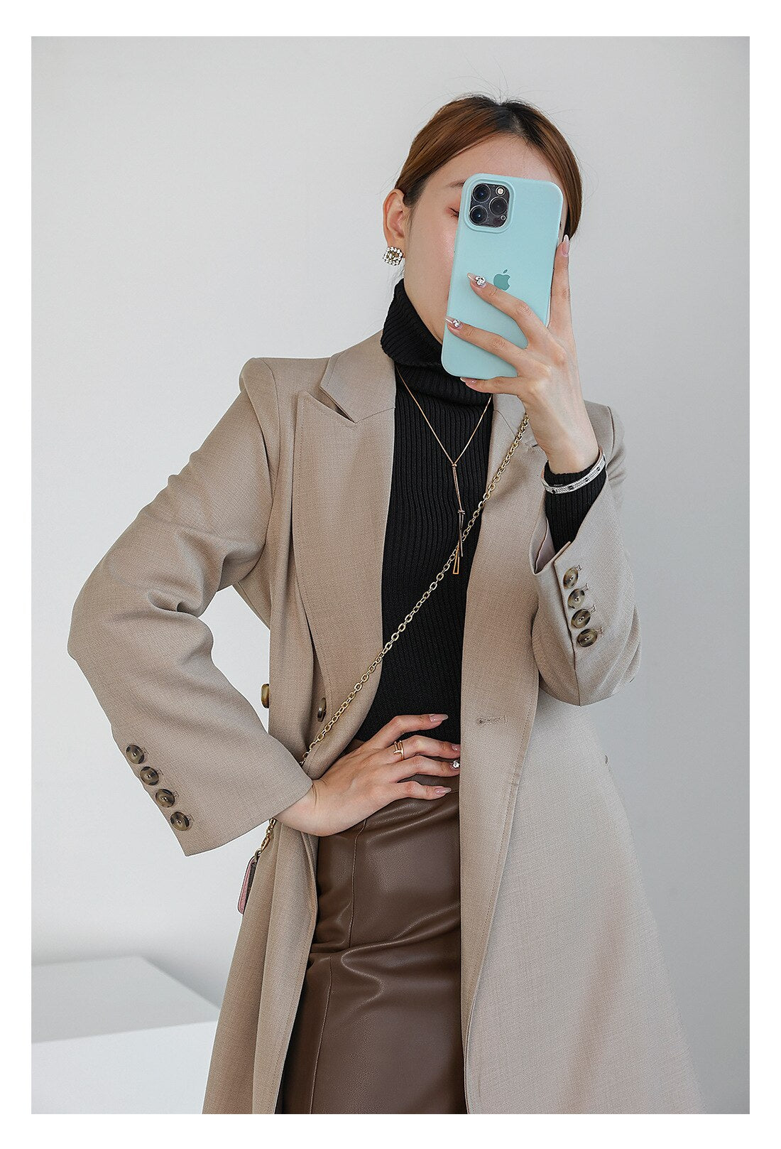 jinran 2022 Autumn New England Suit Coats Turn-down Collar Fashion Single-breasted Button Long Solid Color Slim Coats