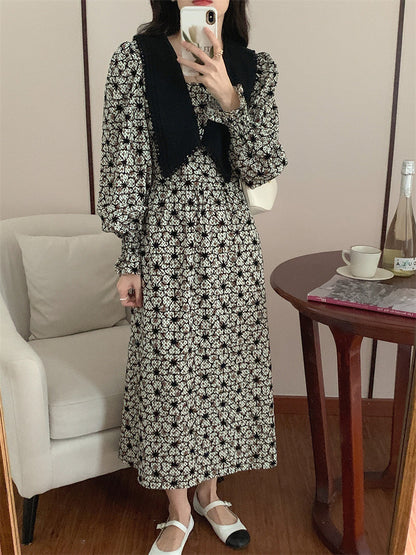 jinran 2022 New Floral Chiffon Dresses Women Spring Loose Elegant Doll Collar Dress Female Korean Sweet Puff Sleeve Dresses