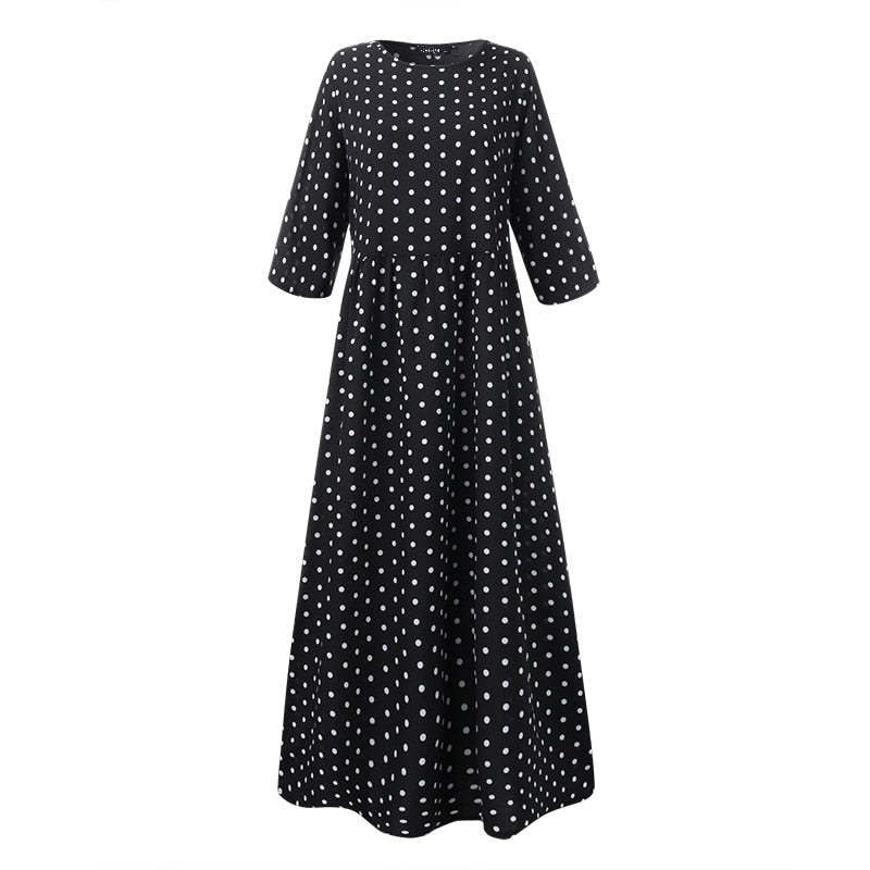 jinran Summer Fashion Bohemian Dress Women 3/4 Sleeve Polka Dot Printed Party Maxi Sundress Vestidos Female Tunic Robe