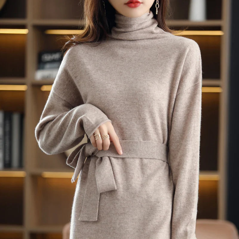 jinran  The new pullover 100% wool ladies dress solid color long-sleeved knitted fashion slim long high-neck cashmere dress sweater