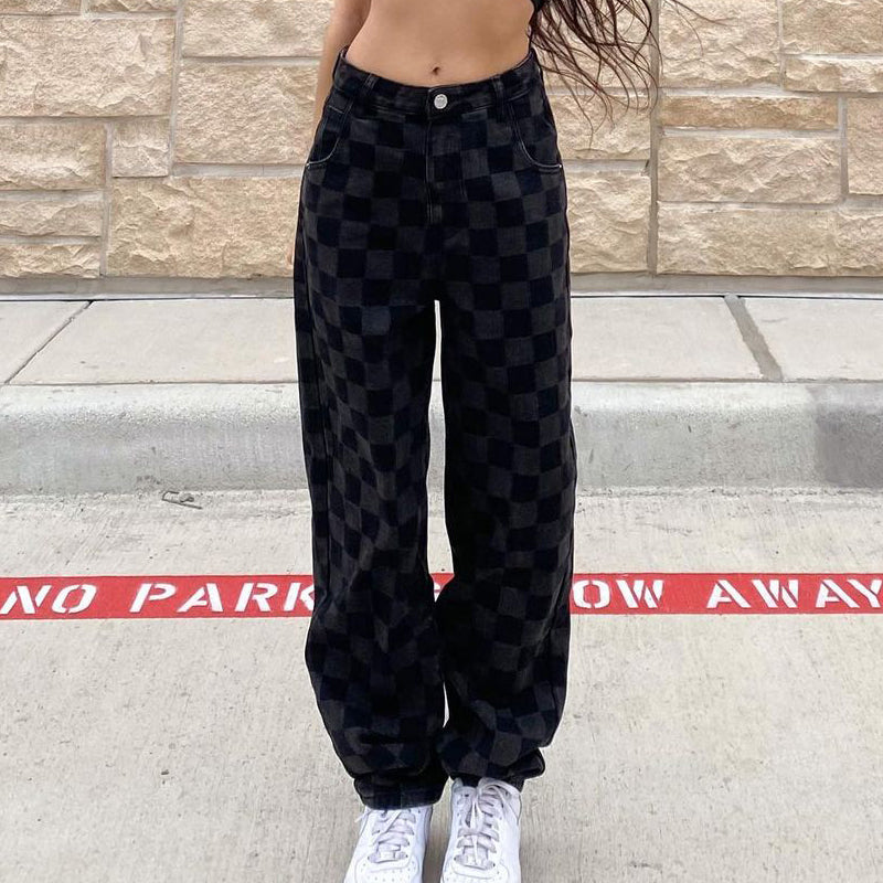 jinran Plaid Checkerboard Print Women High Waist Wide Leg Jeans Straight Pants Loose Casual Streetwear 2021 Summer Trousers