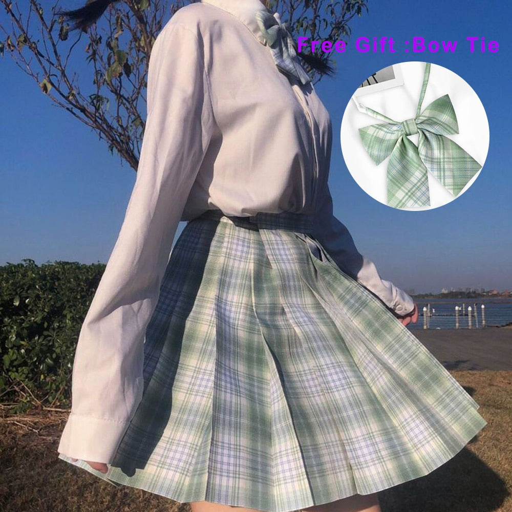 jinran Pleated Harajuku Preppy Style Summer Women Skirt Plaid Kawaii Y2K High Waist Dance Bow Skirt Mini Cute Japanese School Uniforms