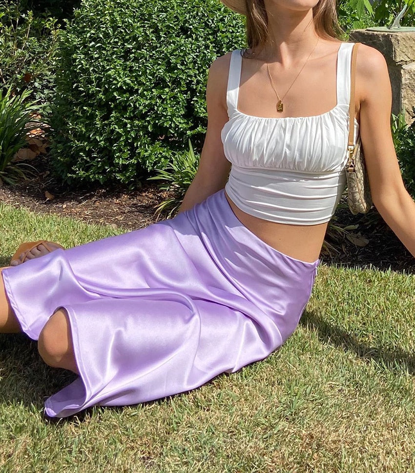 jinran  Solid Purple Satin Silk Skirt Women High Waisted Summer Long Skirt New Elegant Ladies Office Skirts Midi Spring