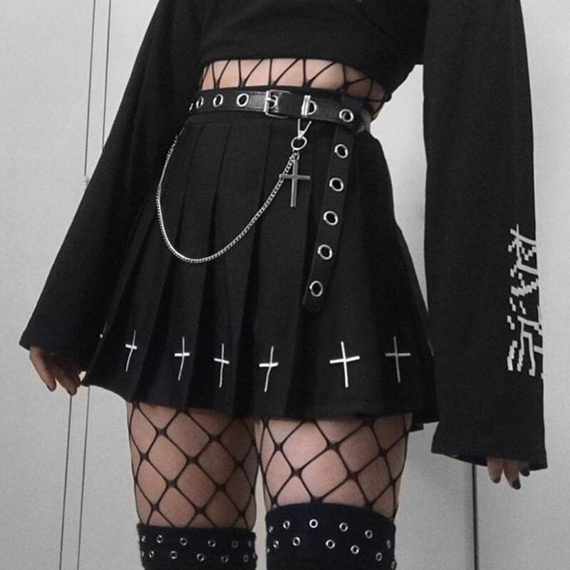 jinran Dark Goth Skirt Women Summer High Waist Harajuku Pleated Mini Skirts Vintage Gothic Punk White Black Skirts Korean A-line Skirts