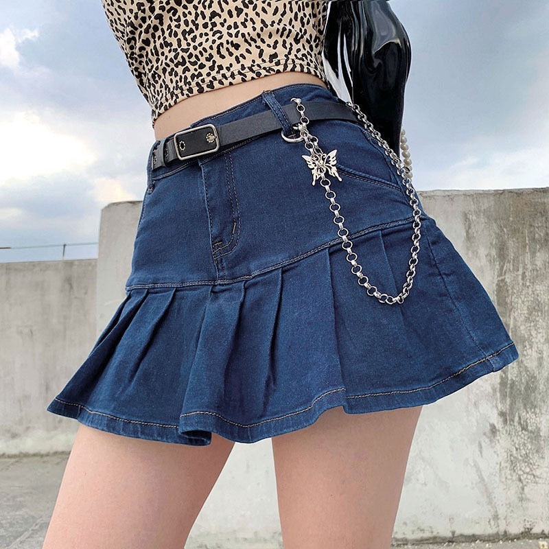 jinran Women High Waist Denim Skirt Women Summer Korean Harajuku Ruffles Jeans Skirt Shorts Punk Y2K Mini Pleated Skirt Streetwear