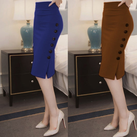 jinran New Women Elegant Slim Pencil Skirts High Waist Ladies Skirt Side Split Button Office Ladies Bodycon Fitted Skirts