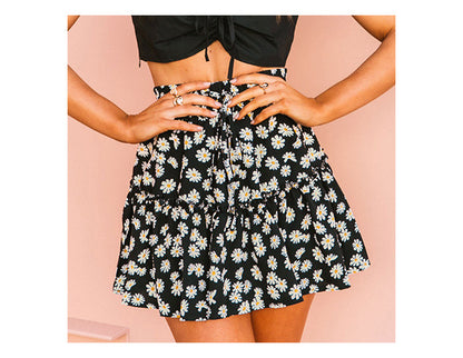 jinran Summer Boho Floral Print Mini Skirt Women Elegant Ruffles Short Skirts Elastics Waist Lace Up A-Line Skirts