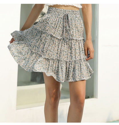 jinran Women Summer High Waist Elastic Pleated Skirt Elegant Boho Ruffles Floral Print Harajuku Beach Holiday Mini Aline Skirts 2021