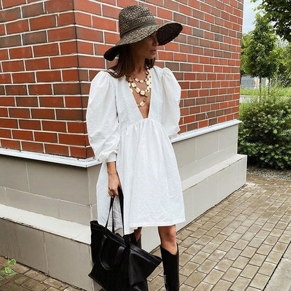 jinran Deep V-Neck Puff Sleeve Mini Dress Woman Sexy Loose Waist Sweet Dress Summer Solid Daily New Fashion