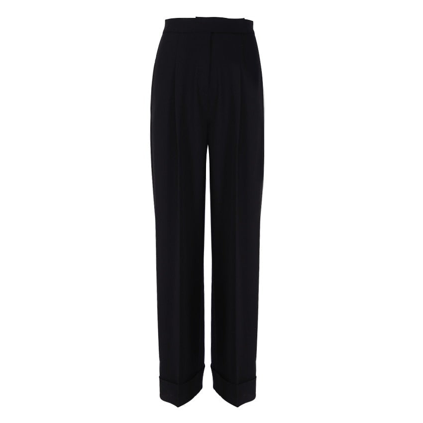 jinran Spring Summer Black Ladies Office Trousers Women High Waist Pants Pockets Female Pleated Wide Leg Pants Solid