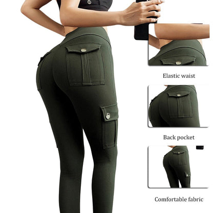 jinran New Women Leggings Withe Pocket Solid High Waist Push Up Polyester Workout Leggings Cargo Pants Casual Hip Pop Pants Fitness