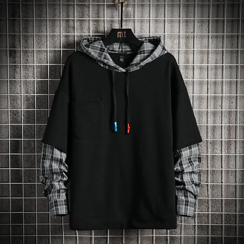 Plaid Patchwork Hoodie Men New Harajuku Hoodies Men High Street Oversized Hooded Sweatshirts Streetwear Men Clothing