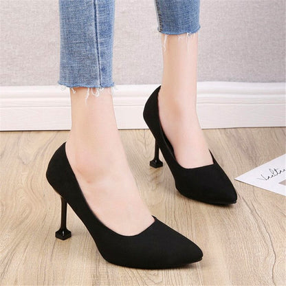 jinran 5/7/9cm Comfort High Heels Ladies Work Shoes New Autumn Black Flock Shallow Wild Women Pumps Pointy Toe Dress Office Shoes Woman