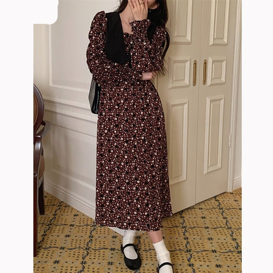 jinran 2022 New Floral Chiffon Dresses Women Spring Loose Elegant Doll Collar Dress Female Korean Sweet Puff Sleeve Dresses