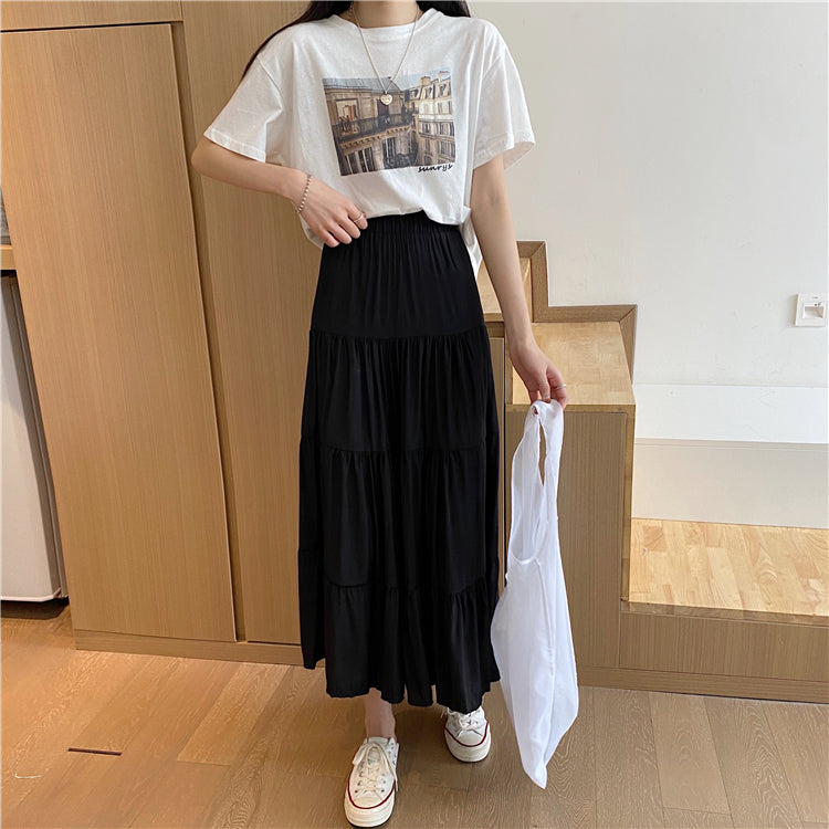 jinran Women High Waist Elegant Wild A Line Cake Skirts Summer Korean Solid White Black Chiffon Shirts Beach Vacation Midi Shirts