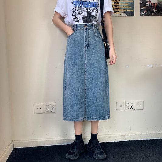 jinran Women High Waist Split Denim Skirts Summer Casual Korean Vintage Midi Long Skirt Harajuku Wild Bodycon A Line Skirt Streetwear