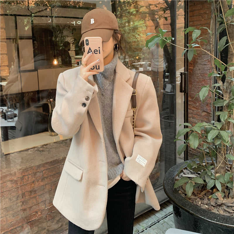 jinran Autumn Warm Wool Tailored Coats Women Loose Apricot Solid Suit Jackets Patchwork Long Sleeves Outwear Korean Fashion New