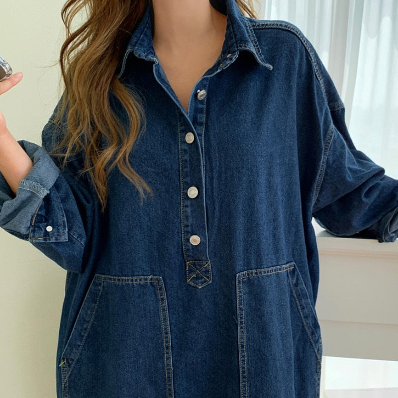 jinran Women's Autumn Long Sleeve Denim Shirt Dress Za Button Pocket Jeans Casual Loose Femme Streetwear Cowboy Midi Robe Dresses