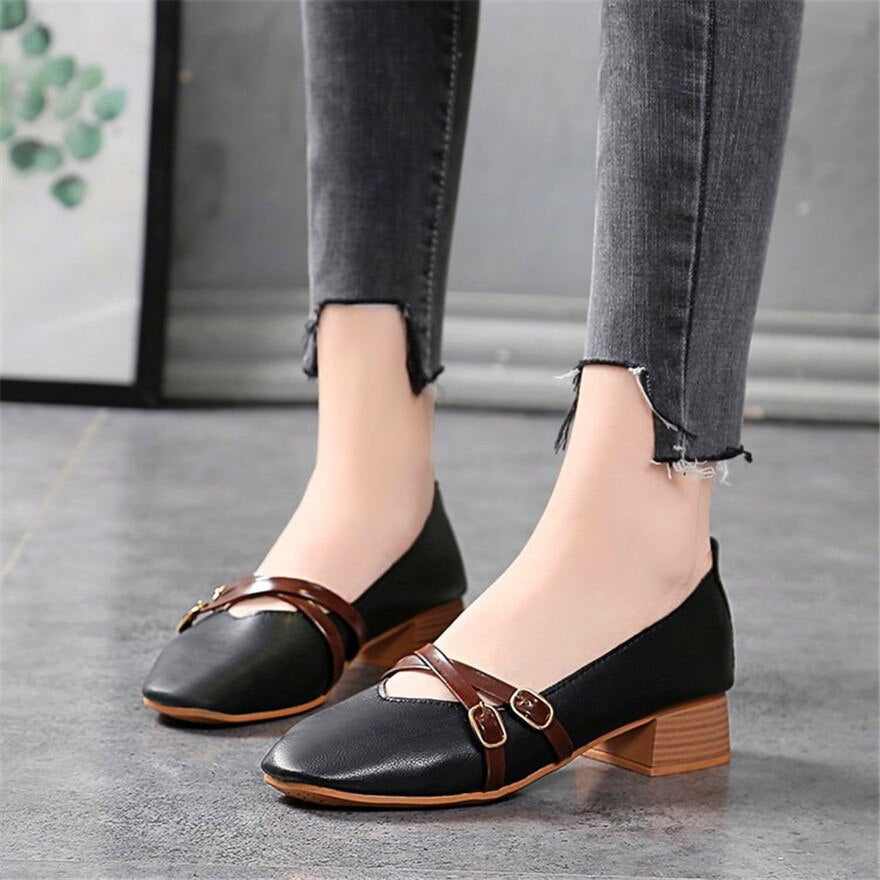 jinran Casual Women Shoes 2022 New Fashion Belt Buckle Shallow Woman Pumps Square Toe Soft Leather Med Heels Work Ladies Pregnant Shoes