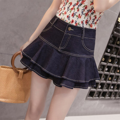 jinran 2022 Summer Low Waist A Line Denim Skirt Women Sexy Pleated Mini Jeans Skirts Korean Style Casual Ruffles Wild Skirt Shorts