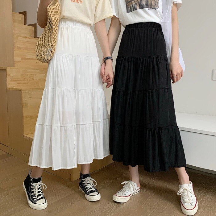 jinran Women High Waist Elegant Wild A Line Cake Skirts Summer Korean Solid White Black Chiffon Shirts Beach Vacation Midi Shirts