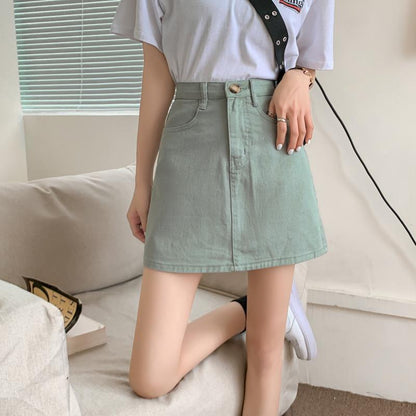 jinran Women Casual Denim Skirt Summer High Waist Korean Harajuku A Line Skirts Elegant Vintage Y2K Jeans Mini Skirt Preppy Style