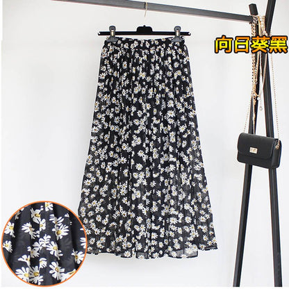 jinran Women Summer Boho Chiffon Long Skirt Elegant Floral Print Pleated Skirts Elastic High Waist Casual Midi Skirt Women Clothes 2021