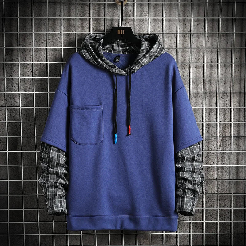 Plaid Patchwork Hoodie Men New Harajuku Hoodies Men High Street Oversized Hooded Sweatshirts Streetwear Men Clothing