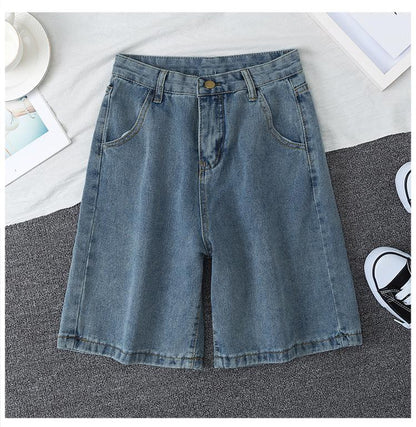 jinran 2024 New Summer Women High Waist Blue Wide Leg Denim Shorts Casual Female Solid Streetwear Stright Jeans Bermuda Shorts