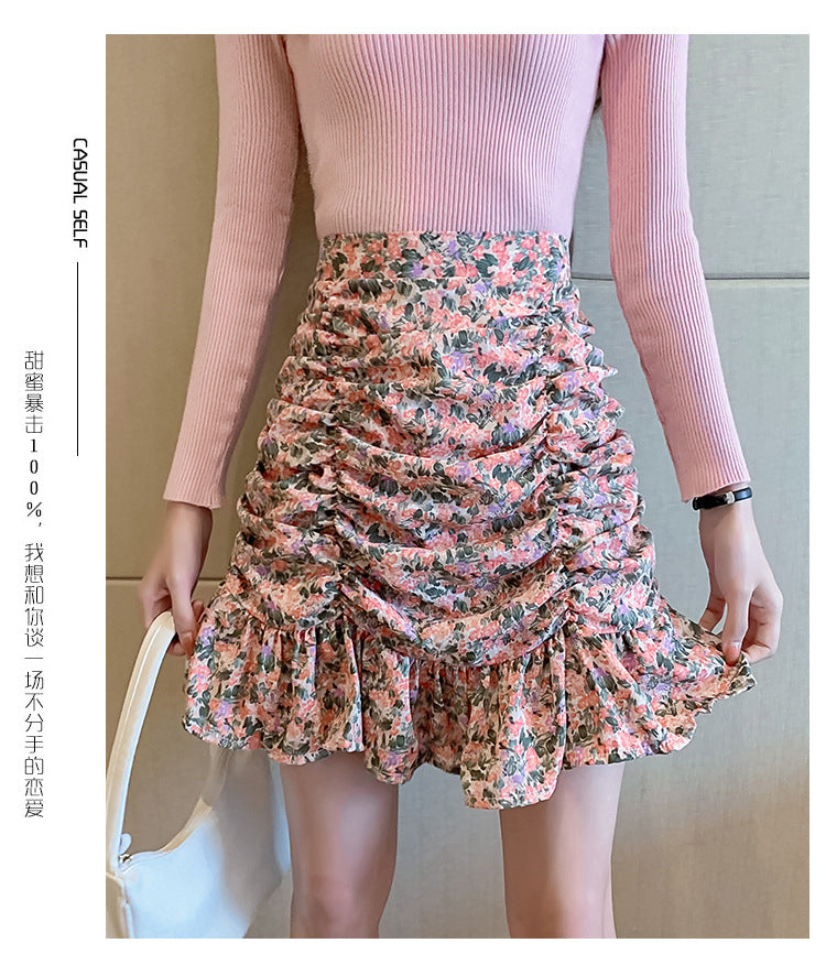 jinran Women Summer High Waist Floral Print Ruffles Mini Shirts Korean Style Elegant Pleated Bodycon Skirt Boho Beach Party Short Skirt