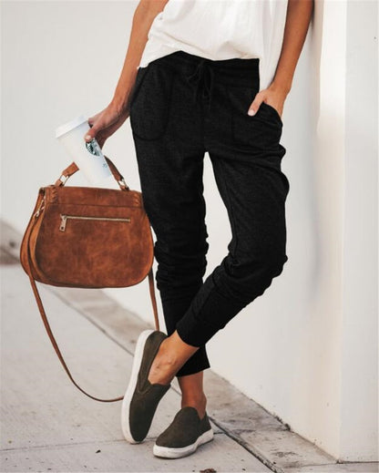 jinran Women Casual Harajuku Long Ankle Length Trousers Summer Autumn Plus Size Leggings Solid Elastic Waist Pants Black Pants