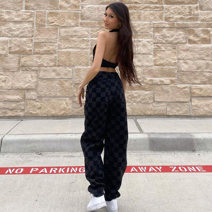 jinran Plaid Checkerboard Print Women High Waist Wide Leg Jeans Straight Pants Loose Casual Streetwear 2021 Summer Trousers