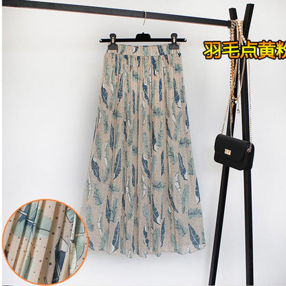 jinran Women Summer Boho Chiffon Long Skirt Elegant Floral Print Pleated Skirts Elastic High Waist Casual Midi Skirt Women Clothes 2021