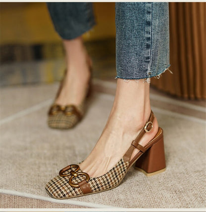 jinran Fashion Metal Buckle Women Sandals New Spring Square Toe Retro Plaid Fabric Woman Pumps Thick Heels Back Strap Lady Office Shoes