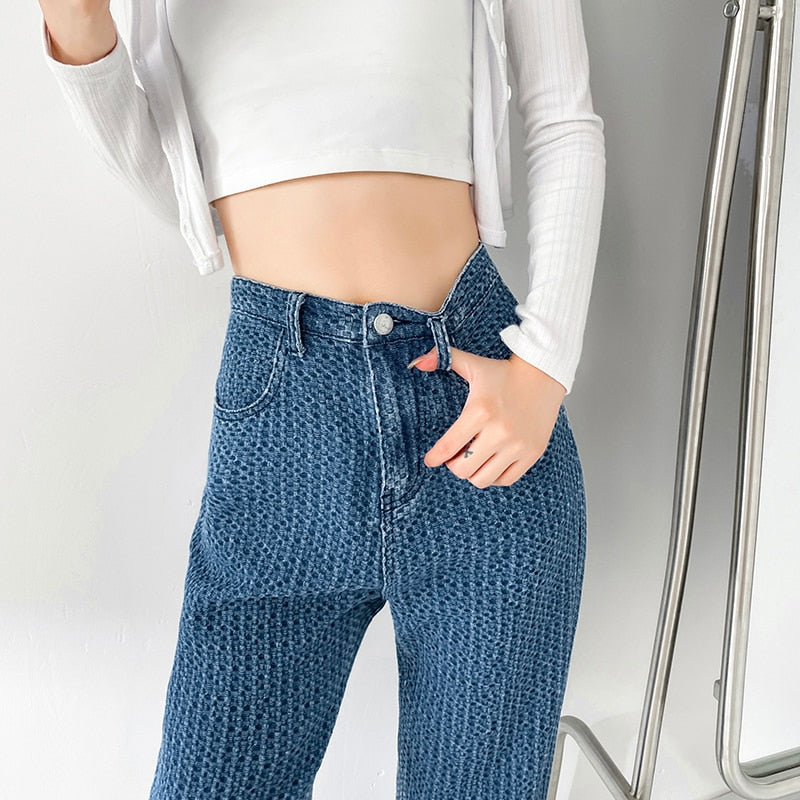 jinran Jacquard Blue Women Pants 2022 New Casual Striped Retro Basic Straight Loose Plus Size Jeans Y2K Fashion Trendy Ladies Trousers