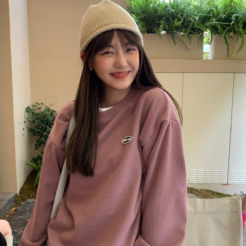 jinran New Fleece Hoodie O-Neck Casual Women's Hoodies Simple Long-Sleeved Pullover Sweatshirt College Solid Color Harajuku Top