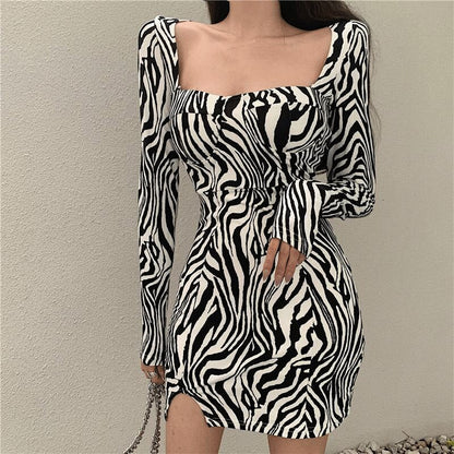 jinran Sexy Square Neck Bodycon Dress Women Zebra Print Mini Party Dresses Ladies Long Sleeve autumn Dress Club Vestidos New