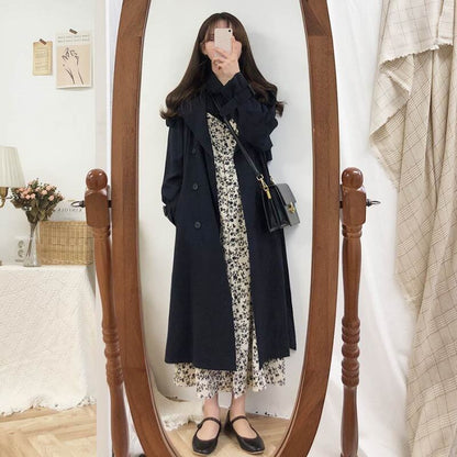 jinran Korean Graceful 2022 Autumn New Long Coats for Women Casual Joker Classic Solid Black Oversize Coat Lady Fashion Windbreaker