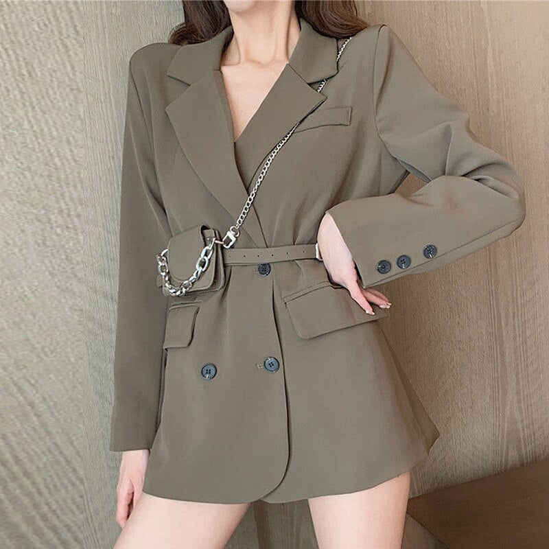 jinran Autumn Korean Fashion Design Suit Jackets Women Elegant V Neck Loose Lady Blazer with Belt Office Style Black Clothes New