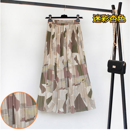 jinran Women Summer Boho Chiffon Long Skirt Elegant Floral Print Pleated Skirts Elastic High Waist Casual Midi Skirt Women Clothes 2021