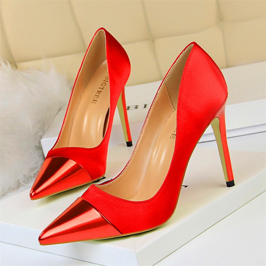 jinran 8 Colors Women's High Heels Shoes 2021 New Patent Leather Pointed Toe Women Pumps Shallow Solid Silk Fashion Office Party Shoes