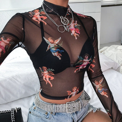 jinran Sexy Women T Shirt See Through Transparent Mesh Tops Long Sleeve Sheer Slim Ladies Turtleneck T-Shirt New Arrival Women tshirt