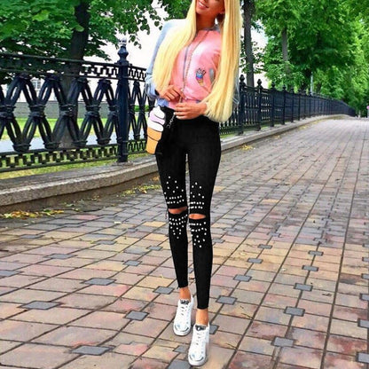 jinran Casual Chic Leggings Knee Hole Leggings 2022 New Trendy Stretch Cut Holes Beads Decoration Lady Pants Skinny High Waist Leggings