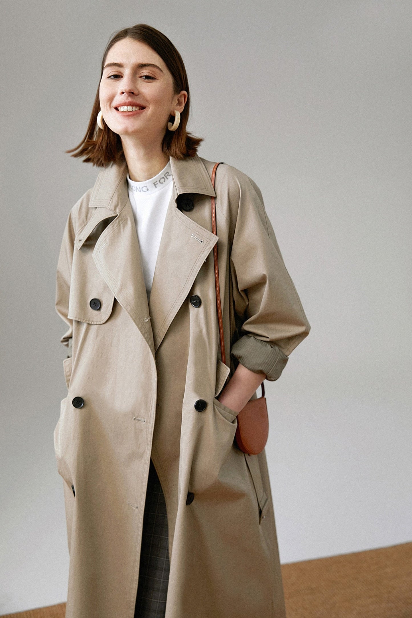 jinran Brand new Fashion 2022 Fall /Autumn Casual Double breasted Simple Classic Long Trench coat with belt Chic Female windbreaker