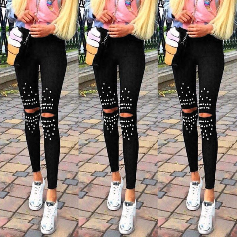 jinran Casual Chic Leggings Knee Hole Leggings 2022 New Trendy Stretch Cut Holes Beads Decoration Lady Pants Skinny High Waist Leggings